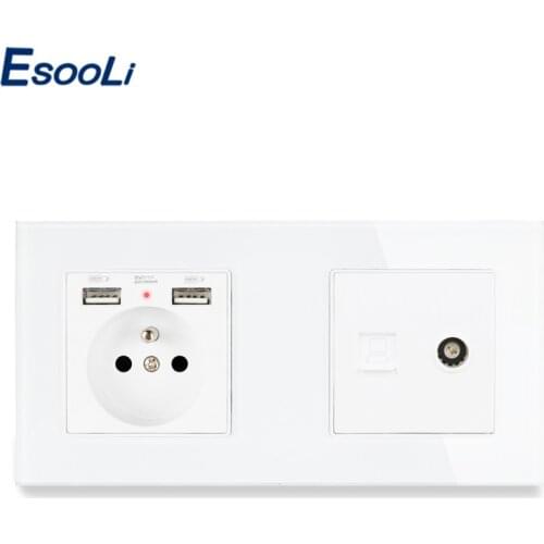 Esooli Glass Panel French Standard Electric Socket with 2 USB + RJ45 Internet Computer Connector and Female TV Jack