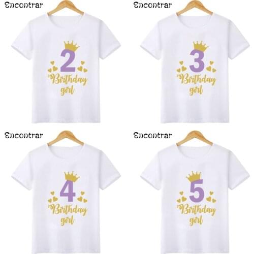 Birthday Girl Crown Number 1-9 Print T shirt Summer Kids T-shirts Birthday Party Clothing Baby Present Children Tops,HKP2476