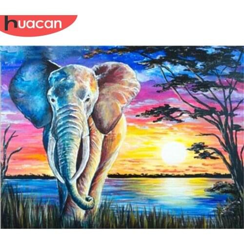 HUACAN Diamond Embroidery Elephant Cross Stitch 5D Diamond Painting Rhinestones Animal Sunset Home Decoration