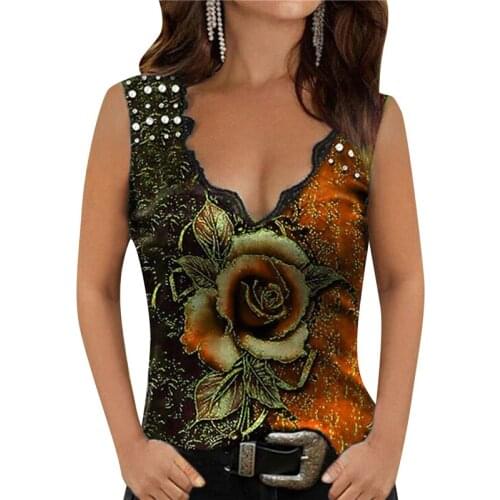 Womens Summer Tanks Tops Fashion Casual Loose v-neck Printed Vest Top Sleeveless Female Clothes womens Clothing