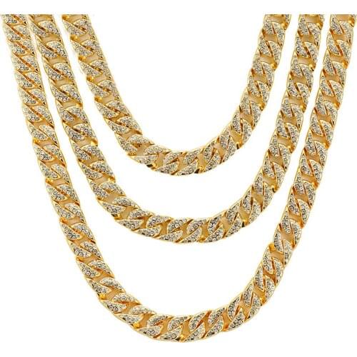 Mens Miami Curb Cuban Chain Gold Necklace Hip Hop Iced Out Paved Rhinestones CZ Rapper Male Necklace Jewelry bracelet