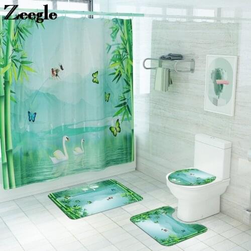 4pcs Flannel Absorbent Bathroom Mat Set with Shower Curtain Bath Mat Waterproof Bath Curtain Set for Bathroom Toilet Carpet Mats