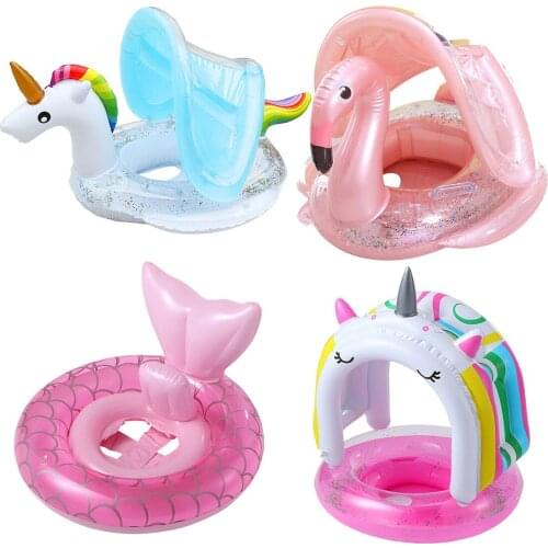 Flamingo Inflatable Swim Circle Baby Infant Float Pool Swimming Ring with Sunshade Floating Seat Summer Beach Party Pool Toys