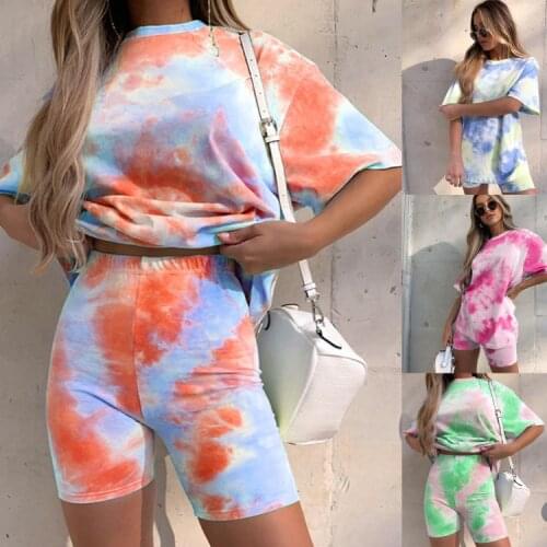 2021 new womens fashion tie-dye gradient loose casual T-shirt tight shorts two-piece suit