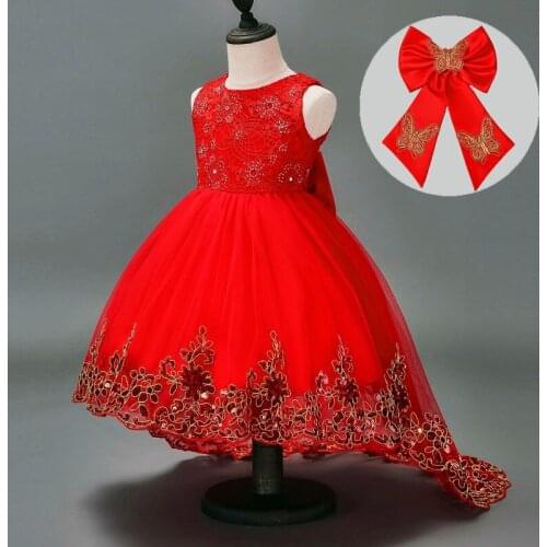 Girls New Year Evening Dress Children Flower Girl Wedding Big Bow Princess Dress Gold Lace Sequins Trailing Party Dress