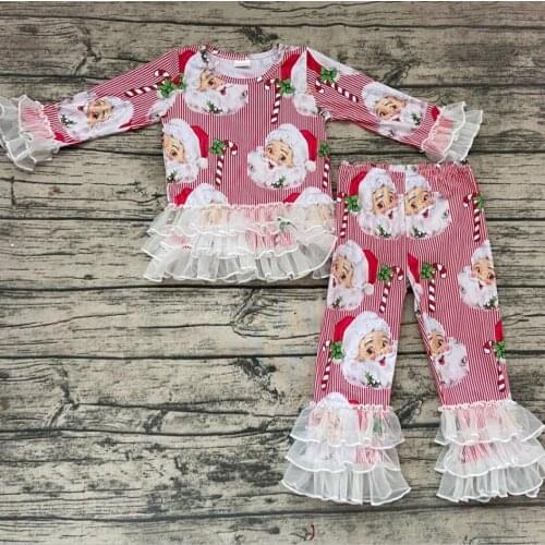 Wholesale Christmas Santa children clothing long sleeve lace ruffles Pants baby outfits kids clothing sets girl clothes