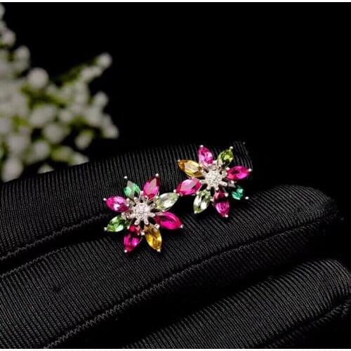 Natural tourmaline earring Free shipping 925 sterling silver Flower style earrings for girl and lady