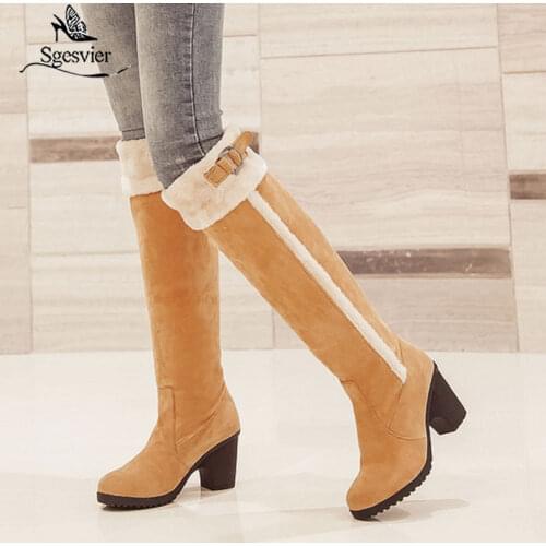 Sgesvier Knee-High Boots Winter Shoes Women Warm Fur Plush Snow Boots Women Square thick heel Shoes Long Boots size 34-43