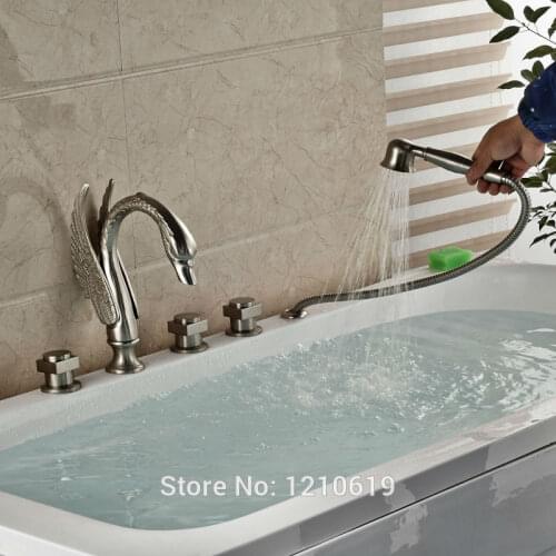 Newly Swan Style Shower Tub Faucet w/ Hand Sprayer Nickel Brushed Bathtub Mixer Faucet Tap Three Handles