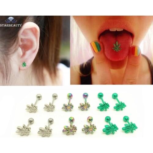 1Pc Light Green Color Leaves Tongue Piercing Tongue Ring Body Piercing Jewelry Stainless Steel Ear Nail Rings Cartilage