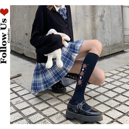 Japanese Diamond Lattice Cute Calf Socks Harajuku Autumn Cotton Knitted Knee-length Socks Lolita Lolita Kawaii Stockings Woman