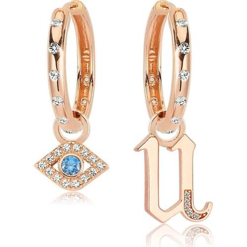 Valori Jewels Evil Eye And Letter, Zirconia White And Blue Gemstone, Rose Gold Plated, Sterling Silver Small Stylish Hoop Char