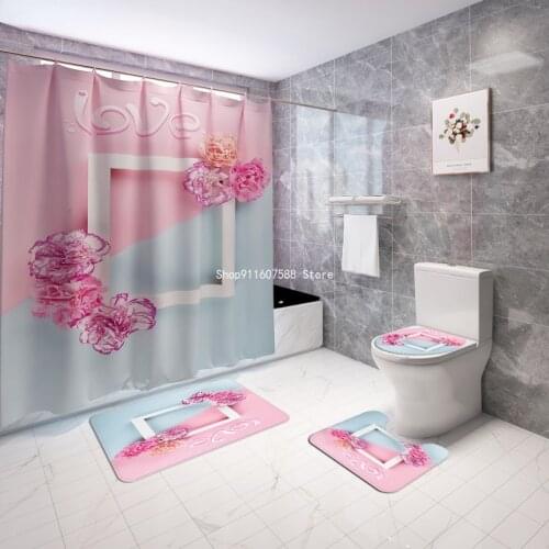 Pink Flowers Bathroom Curtains Polyester Fabric Modern Shower Curtain Love Valentines Day Toilet Lid Cover Rug Anti-slip Carpet