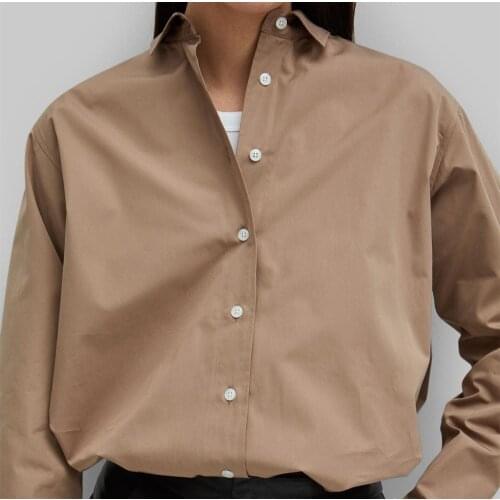 Khaki Women blouse Capri Oversized Cotton Shirt Uneven Hem Shorts Front button Long Sleeves cuff with buttoned
