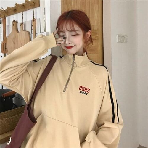 Spring Autumn Women Cotton Hoodies Long Sleeve Zipper Pockets Pullover Female Stylish Tops Embroidery Letter Casual Loose Coat
