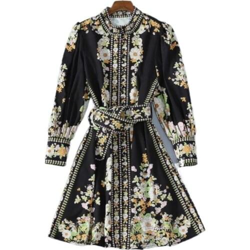 European for Spring 2021 and American womens wear Long sleeve collar Restoring ancient ways is printed Fashion black dress