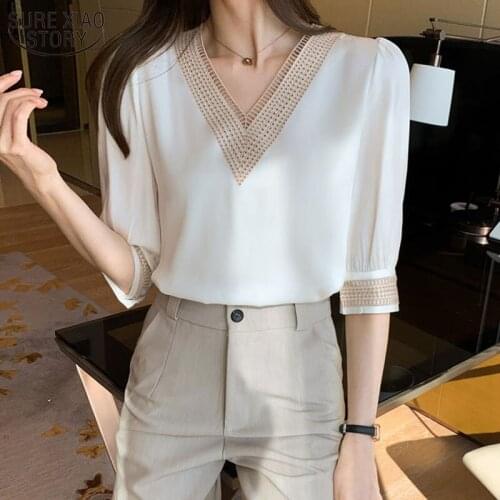 2021 Summer Shirts Women New Middle Sleeve White Chiffon Blouse Fashion Hollow V Neck Long Sleeve Top Female Blusas Mujer 13367