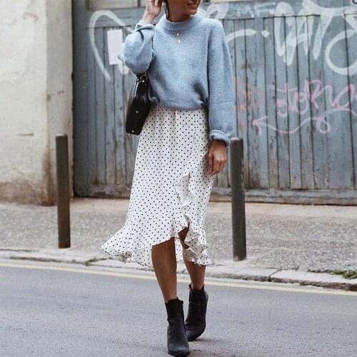 Ruffle Patchwork Dot Print Women Midi Skirt Summer High Waist Zipper Irregular Female Skirts 2021 Streetwear Casual Lady Bottom