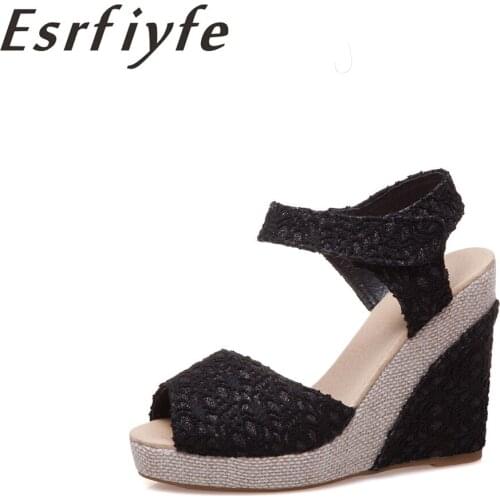 ESRFIYFE Women Sandals 2019 New Summer Fashion Lace Hollow Gladiator Wedges Shoes Woman Slides Peep Toe Hook & Loop Solid Shoes