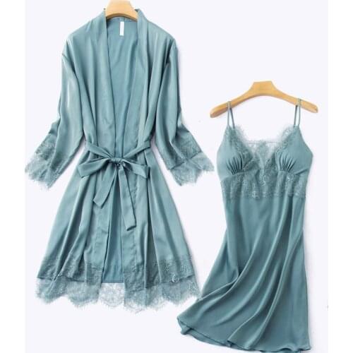 Pajamas Set Womens V-Neck Cami Pijama 2PCS Sexy Nightgown Kimono Robe Gown Lady Sleep Suit Sleepwear Wear Home Nighties Clothes