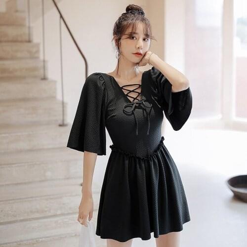 Plus Size Black Short Sleeve Swimsuit Women One Piece Solid Swimwear Ruffled Bathing Suit L-4XL Pleated Skirts Padded Wire-free