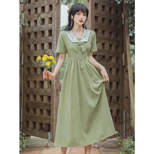 2021 Summer Style Womens Literary Girl Young Bow Tie Doll Collar Slim Long Dress Bohemia Travel Short Sleeve Polka Dot Dress