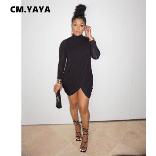 CM.YAYA Women Mini Dress Solid Full Sleeve Half High Collar Criss Cross Bodycon Dresses Sexy Fashion Streetwear Summer Outfits
