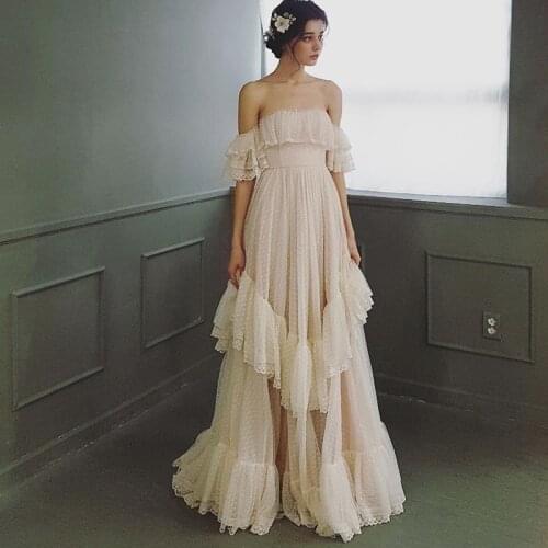 New Off Shoulder Polka Dots Wedding Dress 2021 Vintage Victorian Lace Lady A Line Boho Bridal Gown Vestidos De Novia