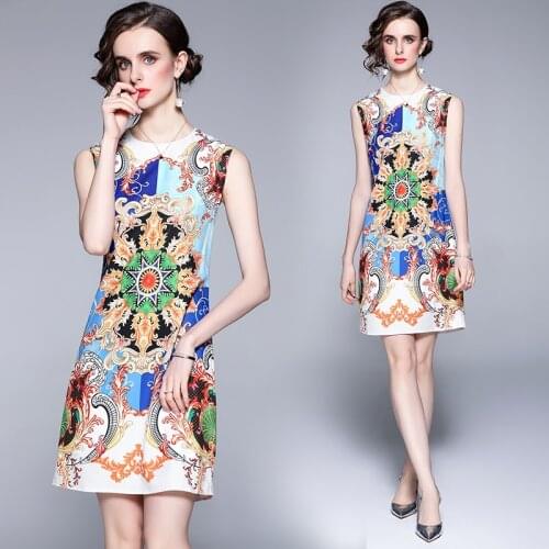 Elegant Woman Summer Clothing 2021 New Retro Fashion Runway Sleeveless O Neck Loose Waist Casual Dress Vintage Holiday Vestidos