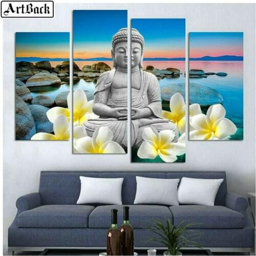5d diamond painting Buddha flower diamond embroidery full square 3d mosaic religious sticker living room decoration 1 set 4pcs