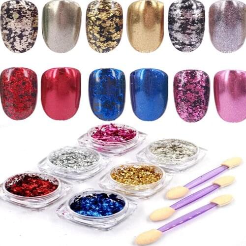 6 Colors/set Mirror Nail Glitter Sequins Irregular Chip Flake Sequin With 3 Brushes Gold Silver DIY Nail Tips Art Glitter Sequin