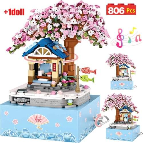 806 Pcs City Creator Mini Cherry Blossoms Rotating Music Box Building Blocks Friends Tree House Figures Bricks Toys for Girls