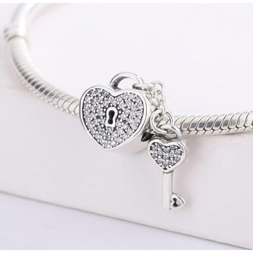 925 Sterling Silver Cubic Zirconia CZ Pave Heart Lock And Key Pendant Charm Bracelet DIY Jewelry Making For Pandora