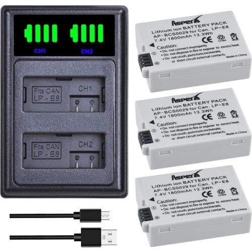 AsperX 3Pcs LP-E8 LP E8 LPE8 Camera Batteries + LED USB Dual Charger for Canon EOS 550D 600D 650D 700D T2i T3i T4i T5i
