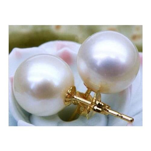 Free shipping noble jewelry 9-10mm AAA+++ perfect round white south sea pearls stud earring 14k yellow gold