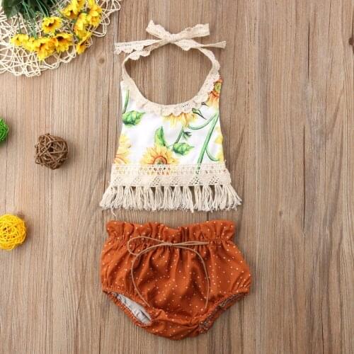 Free shipping Flower Newborn Baby Girls Lace Tassel Top Short Pants Outfits Clothes Sunsuit