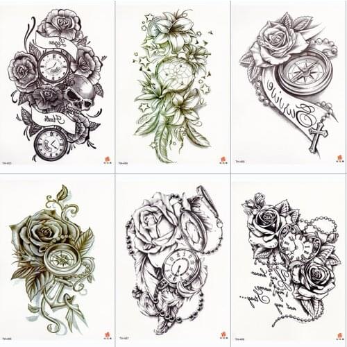 Body Art Waterproof Temporary Arm Tattoos Rose For Woman Flash Rose Clock Tattoo Stickers