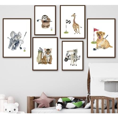 Woodland Animals Golf Lion Tiger Zebra Giraffe Elephant Wall Art Canvas Painting Posters And Print Decor Pictures Baby Kids Room