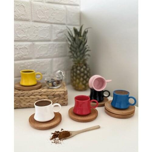 Ceramic Coffee Cup Set of 12 Luxury Cup and Wood Saucers Plate Set High Quality Turkish Coffee Espresso Tea Cups with Saucer Set