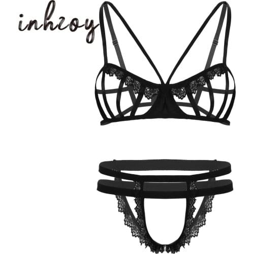 Mens Sissy Erotic Lingerie Set Adjustable Shoulder Straps Hollow Out Balconet Bra Top with Harness Briefs Sexy Gay Underwear Set