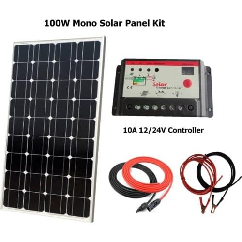 Solar System Kits 100W 1x100W monocrystalline solar panel 12V, 10A LED solar charge controller, 2 set cable, RV/Marine Off Grid