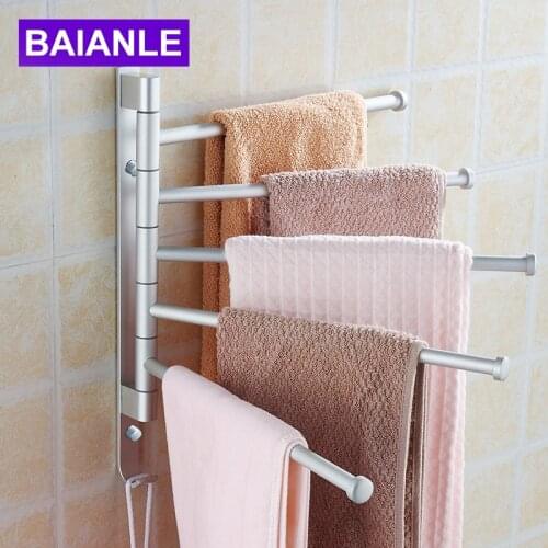 Space Aluminum Towel Bar Active Towel Rack Bathroom Hardware accessories Wall Mount Swivel 5 Arm with Hooks BAIANLE