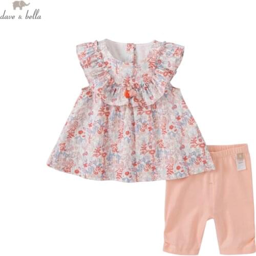 DB16855 dave bella summer baby girls cute floral print clothing sets kids girl fashion sleeveless sets children 2 pcs suit