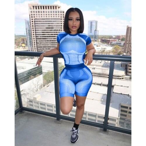 TNNAOFF Aesthetic Print Two Piece Tracksuits Women Set Short Sleeve T Shirt Sexy Elastic Biker Shorts Lounge Wear Matching Sets