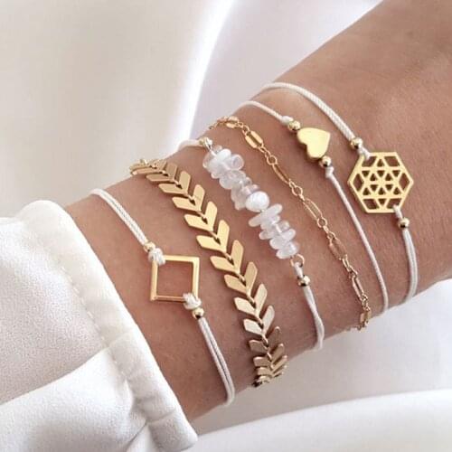 HuaTang 6pcs Boho Gold Arrow Love Heart Bracelet Set for Women Multilayer Geometric Star Stone Charms Female Adjustable Jewelry