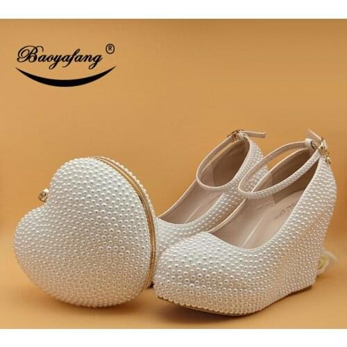 BaoYaFang White Pearl Beads shoe High heels Wedges Wedding shoes for woman Ladies Party shoe ankle strap shoes and bags