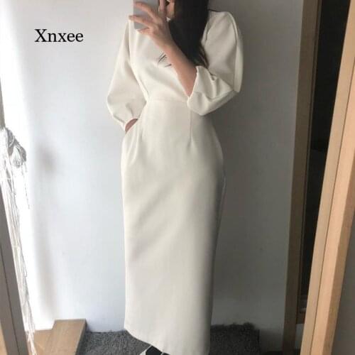 French Elegant Midi Dress Casual Ladies Office Bodycon Fashion Sexy Solid Color Dresses Women Slim Puff Sleeve Vestidos Ol Robe