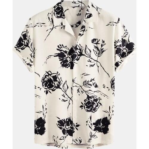 Mens Shirt Beach Casual Black White Rose Flower Print Short Sleeve Button Turn-down Collar Shirt Summer Clothing Chemise Homme
