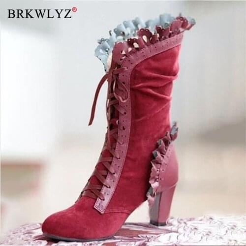 Womens Mid Calf Boots Ladies Lace Up High Heels Female Sexy Shoes Woman Ruffle Flock Retro Boots Women Elegant Footwear