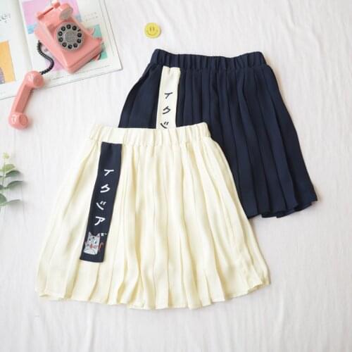 Sailor Style Womens Chiffon Mini Skirt Casual Short Pleated Skirt Elastic Waist Cat Belt Trim Color Beige Dark Blue Student